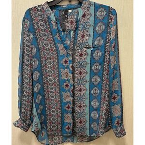 Kut from the Kloth Blue and Burgundy Patterned Blouse